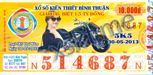Mẫu vé sô xổ số Bình Thuận ngày 30/5/2013