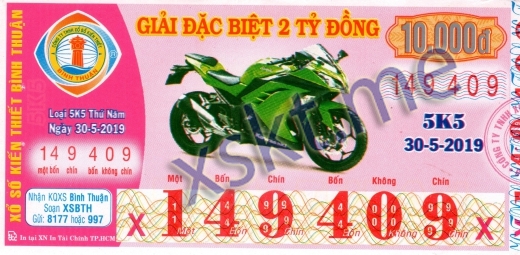 Mẫu vé sô xổ số Bình Thuận ngày 30/5/2019