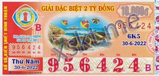 Mẫu vé sô xổ số Bình Thuận ngày 30/6/2022