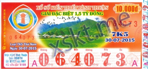 Mẫu vé sô xổ số Bình Thuận ngày 30/7/2015