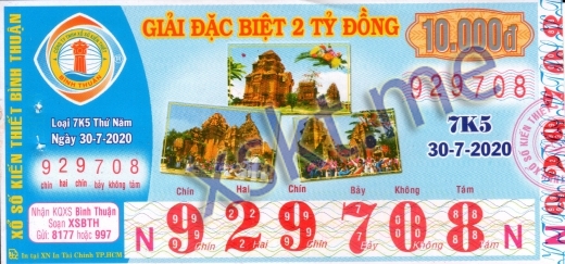 Mẫu vé sô xổ số Bình Thuận ngày 30/7/2020