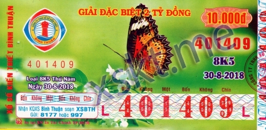 Mẫu vé sô xổ số Bình Thuận ngày 30/8/2018