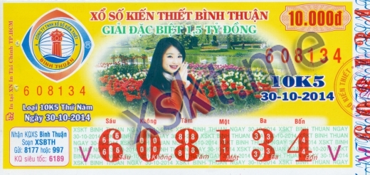 Mẫu vé sô xổ số Bình Thuận ngày 30/10/2014