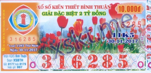 Mẫu vé sô xổ số Bình Thuận ngày 30/11/2017