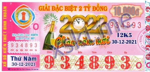 Mẫu vé sô xổ số Bình Thuận ngày 30/12/2021