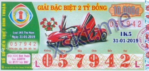 Mẫu vé sô xổ số Bình Thuận ngày 31/1/2019