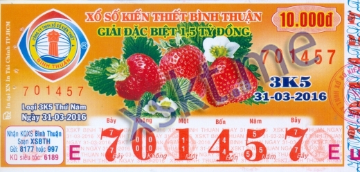 Mẫu vé sô xổ số Bình Thuận ngày 31/3/2016