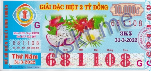 Mẫu vé sô xổ số Bình Thuận ngày 31/3/2022