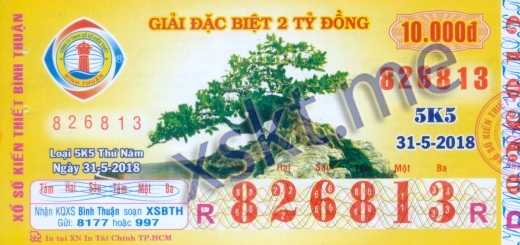 Mẫu vé sô xổ số Bình Thuận ngày 31/5/2018