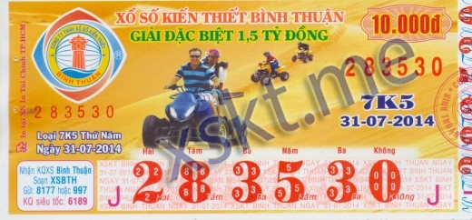 Mẫu vé sô xổ số Bình Thuận ngày 31/7/2014