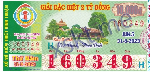Mẫu vé sô xổ số Bình Thuận ngày 31/8/2023