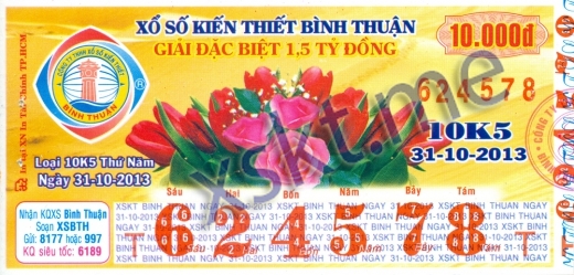 Mẫu vé sô xổ số Bình Thuận ngày 31/10/2013