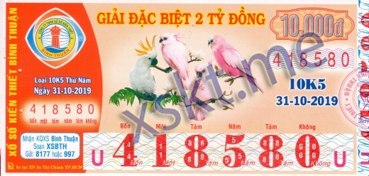Mẫu vé sô xổ số Bình Thuận ngày 31/10/2019