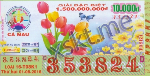 Mẫu vé sô xổ số Cà Mau ngày 1/8/2016