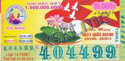 Mẫu vé sô xổ số Cà Mau ngày 1/9/2014
