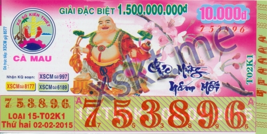 Mẫu vé sô xổ số Cà Mau ngày 2/2/2015