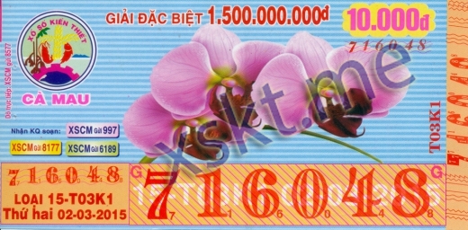 Mẫu vé sô xổ số Cà Mau ngày 2/3/2015