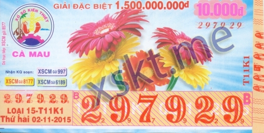 Mẫu vé sô xổ số Cà Mau ngày 2/11/2015