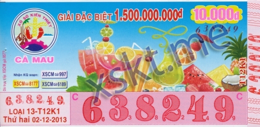 Mẫu vé sô xổ số Cà Mau ngày 2/12/2013