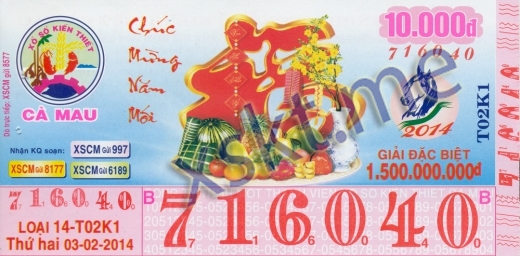 Mẫu vé sô xổ số Cà Mau ngày 3/2/2014