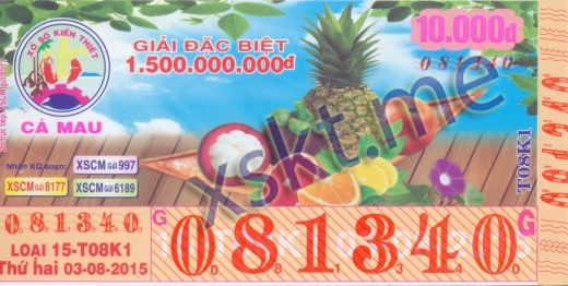 Mẫu vé sô xổ số Cà Mau ngày 3/8/2015