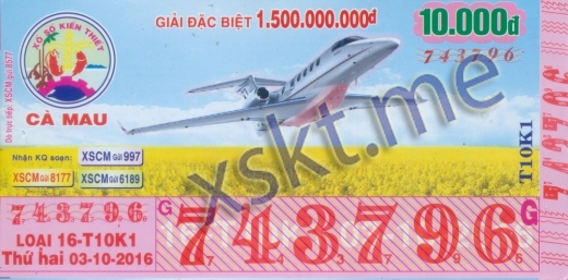 Mẫu vé sô xổ số Cà Mau ngày 3/10/2016