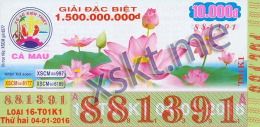 Mẫu vé sô xổ số Cà Mau ngày 4/1/2016