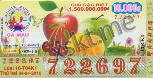 Mẫu vé sô xổ số Cà Mau ngày 4/4/2016