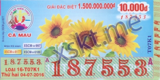 Mẫu vé sô xổ số Cà Mau ngày 4/7/2016