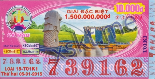 Mẫu vé sô xổ số Cà Mau ngày 5/1/2015
