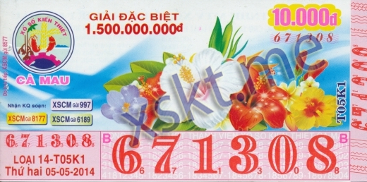Mẫu vé sô xổ số Cà Mau ngày 5/5/2014