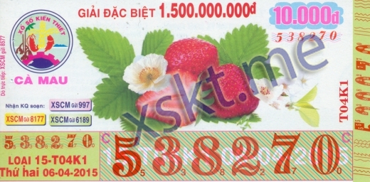 Mẫu vé sô xổ số Cà Mau ngày 6/4/2015