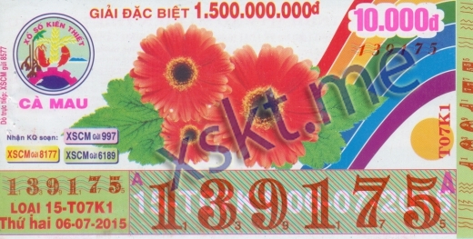 Mẫu vé sô xổ số Cà Mau ngày 6/7/2015