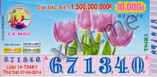 Mẫu vé sô xổ số Cà Mau ngày 7/4/2014