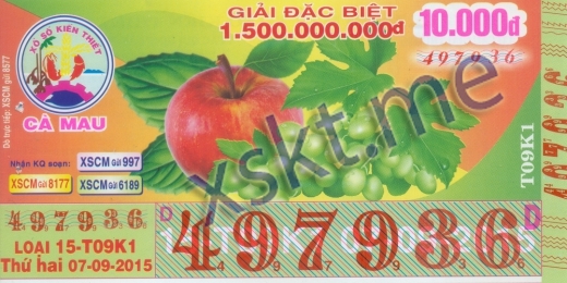 Mẫu vé sô xổ số Cà Mau ngày 7/9/2015
