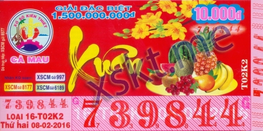 Mẫu vé sô xổ số Cà Mau ngày 8/2/2016