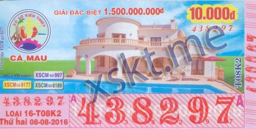 Mẫu vé sô xổ số Cà Mau ngày 8/8/2016