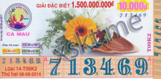 Mẫu vé sô xổ số Cà Mau ngày 8/9/2014