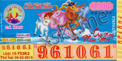 Mẫu vé sô xổ số Cà Mau ngày 9/2/2015