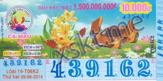 Mẫu vé sô xổ số Cà Mau ngày 9/6/2014