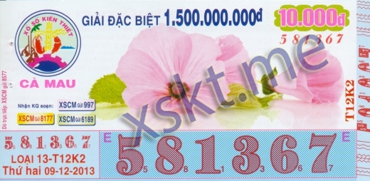 Mẫu vé sô xổ số Cà Mau ngày 9/12/2013