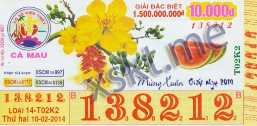 Mẫu vé sô xổ số Cà Mau ngày 10/2/2014
