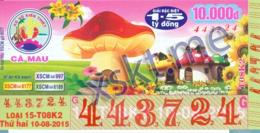 Mẫu vé sô xổ số Cà Mau ngày 10/8/2015