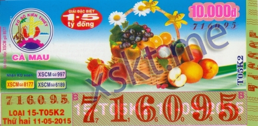 Mẫu vé sô xổ số Cà Mau ngày 11/5/2015