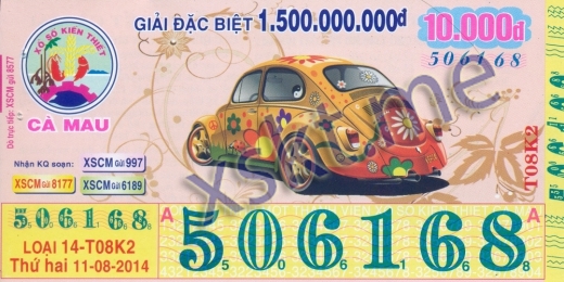 Mẫu vé sô xổ số Cà Mau ngày 11/8/2014