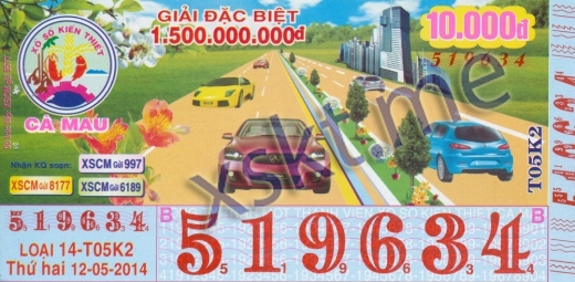 Mẫu vé sô xổ số Cà Mau ngày 12/5/2014