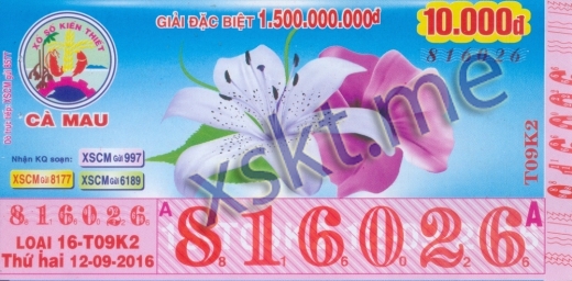 Mẫu vé sô xổ số Cà Mau ngày 12/9/2016