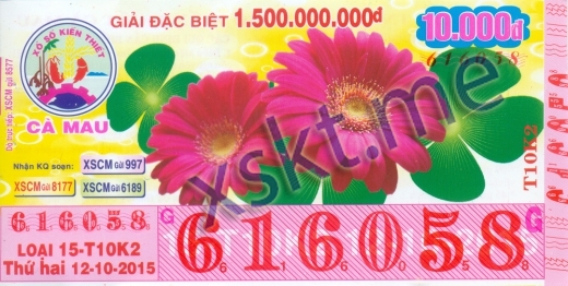 Mẫu vé sô xổ số Cà Mau ngày 12/10/2015