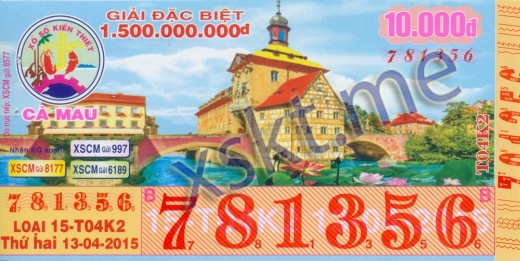Mẫu vé sô xổ số Cà Mau ngày 13/4/2015