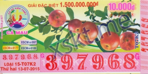Mẫu vé sô xổ số Cà Mau ngày 13/7/2015